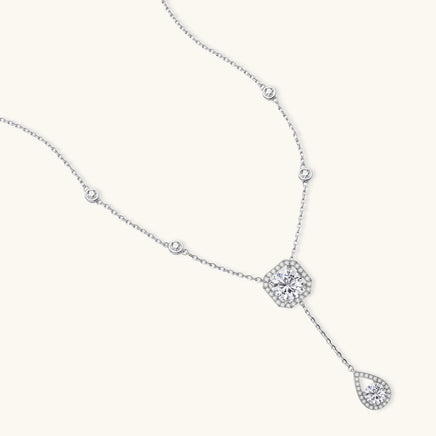 925 sterling silver moissanite Y necklace with bezel set stones and sparkling teardrop pendant | Olaty