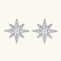 GRA certified moissanite diamond celestial star stud earrings in polished 925 sterling silver, front and angled view