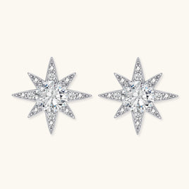 GRA certified moissanite diamond celestial star stud earrings in polished 925 sterling silver, front and angled view
