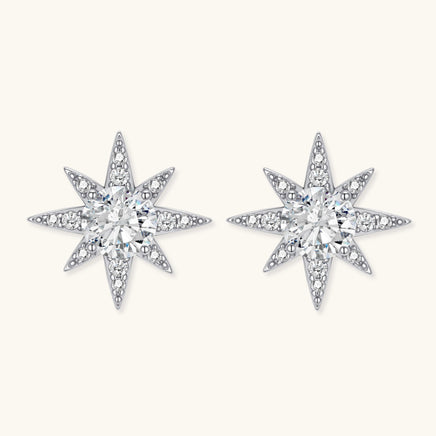 GRA certified moissanite diamond celestial star stud earrings in polished 925 sterling silver, front and angled view