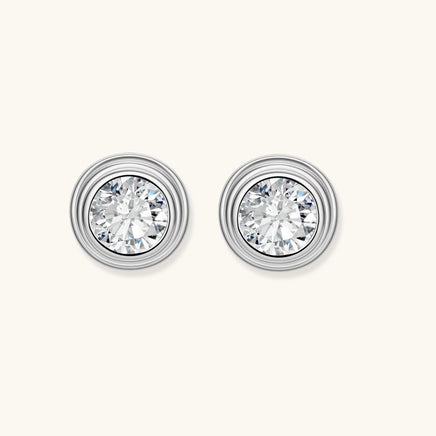 Front view of GRA Certified Moissanite Diamond Orbit Stud Earrings with round moissanite stones | Olaty