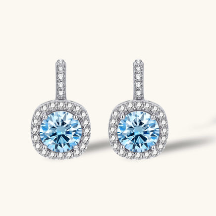 GRA certified blue moissanite diamond celestial halo drop earrings in 925 sterling silver front view | Olaty