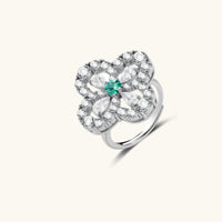 GRA Certified Green Moissanite Diamond Lucky Clover Ring with four-leaf clover setting angled view | Olaty