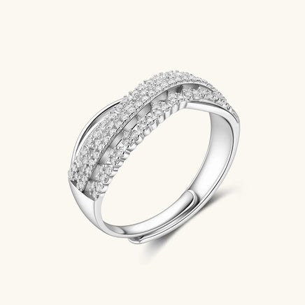 GRA Certified Moissanite Diamond Infinity Crossover Ring angled view with pavé crossover bands | Olaty