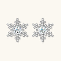 Front view of Moissanite Diamond Winter Spark Snowflake Stud Earrings with brilliant round center stones | Olaty