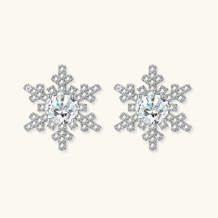 Front view of Moissanite Diamond Winter Spark Snowflake Stud Earrings with brilliant round center stones | Olaty