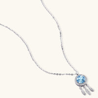 Blue Moissanite Diamond Dreamcatcher Necklace with round halo pendant and three feather drops | Olaty