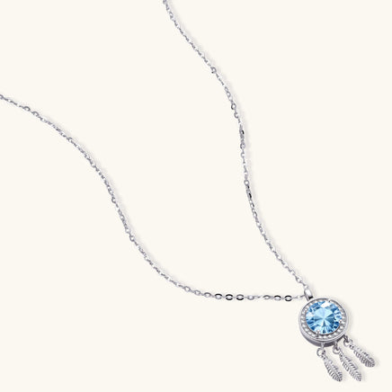 Blue Moissanite Diamond Dreamcatcher Necklace with round halo pendant and three feather drops | Olaty