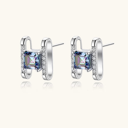 Angled pair of Mystic Moissanite Diamond Prism Square Stud Earrings showing square-cut rainbow stones | Olaty