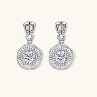 Celestial Moissanite Diamond Drop Earrings with Art Deco sunburst setting front view | Olaty