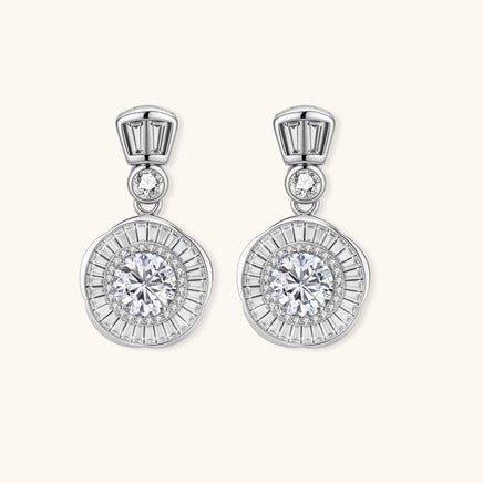Celestial Moissanite Diamond Drop Earrings with Art Deco sunburst setting front view | Olaty