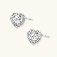 GRA Certified Moissanite Diamond Heart Stud Earrings angled close-up showing halo setting | Olaty