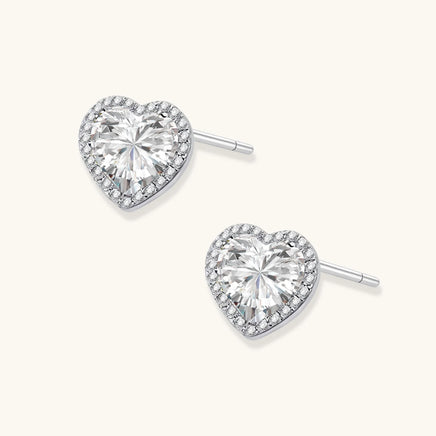 GRA Certified Moissanite Diamond Heart Stud Earrings angled close-up showing halo setting | Olaty