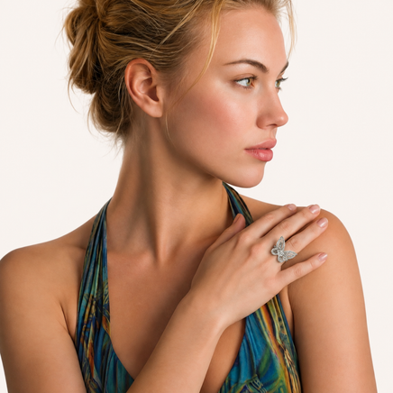 Moissanite butterfly statement ring in polished 925 sterling silver styled on model | Olaty