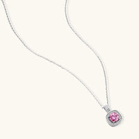 GRA Certified Pink Moissanite Diamond Halo Pendant Necklace angled view with sterling silver chain | Olaty