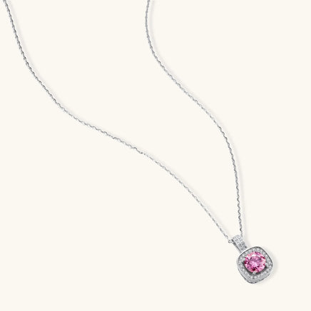 GRA Certified Pink Moissanite Diamond Halo Pendant Necklace angled view with sterling silver chain | Olaty