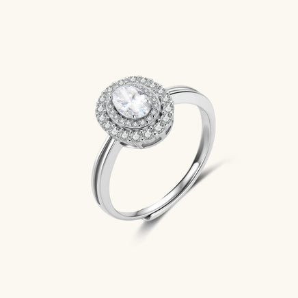 GRA Certified Moissanite Diamond Double Halo Promise Ring angled view showing oval center stone | Olaty