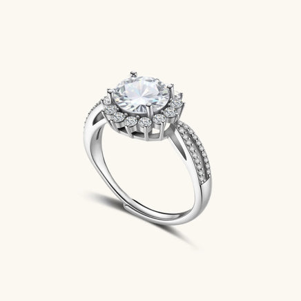 GRA Certified Moissanite Diamond Stellar Halo Ring angled view showing halo and split shank | Olaty