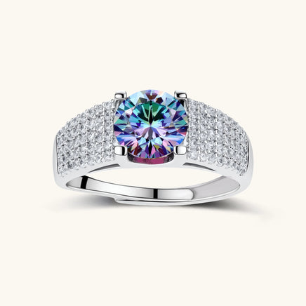 GRA Certified Rainbow Moissanite Diamond Prism Power Ring front view with pavé-set band | Olaty