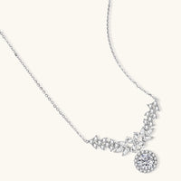GRA certified moissanite diamond floral halo statement necklace in polished 925 sterling silver, angled view | Olaty