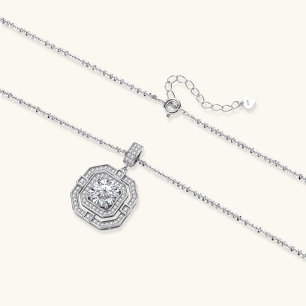 Geometric halo moissanite necklace in 925 sterling silver shown with adjustable chain and pendant detail | Olaty