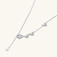 GRA certified moissanite diamond butterfly lariat necklace in 925 sterling silver angled detail view | Olaty