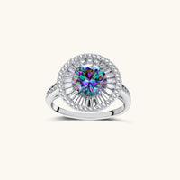 Rainbow Moissanite Diamond Starlight Halo Ring with radiant baguette and pavé setting front view | Olaty