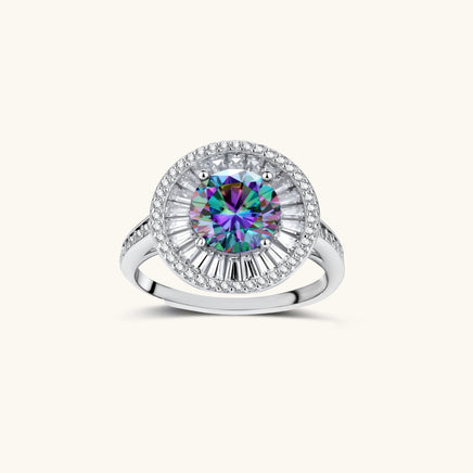 Rainbow Moissanite Diamond Starlight Halo Ring with radiant baguette and pavé setting front view | Olaty