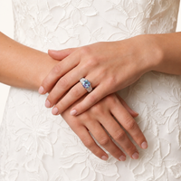Model wearing GRA Certified Rainbow Moissanite Diamond Prism Power Ring in sterling silver | Olaty