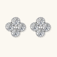 GRA certified moissanite diamond quatrefoil stud earrings with four round stones in polished 925 sterling silver, front view | Olaty
