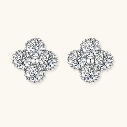 GRA certified moissanite diamond quatrefoil stud earrings with four round stones in polished 925 sterling silver, front view | Olaty