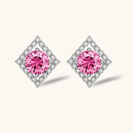 Front view of Pink Moissanite Diamond Halo Studs with vivid round pink stones framed by brilliant geometric halos | Olaty