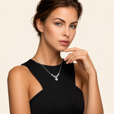 Woman wearing GRA certified moissanite diamond floral halo statement necklace with black dress | Olaty
