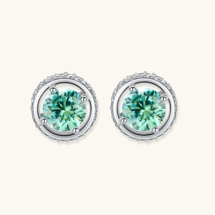 Front view of Green Moissanite Diamond Emerald Spark Halo Stud Earrings with round brilliant stones | Olaty