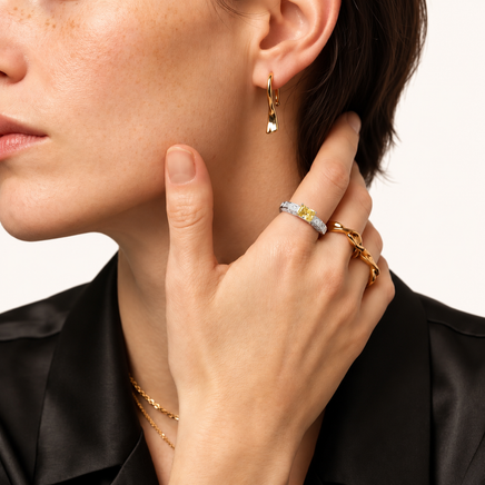 Golden Geometry yellow zirconia Art Deco statement ring styled on model | Olaty