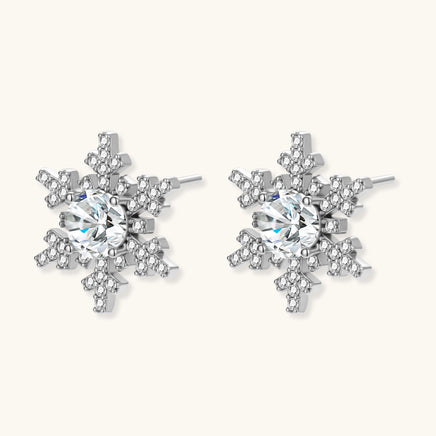 Angled view of Moissanite Diamond Winter Spark Snowflake Stud Earrings showing dimensional sterling silver settings | Olaty