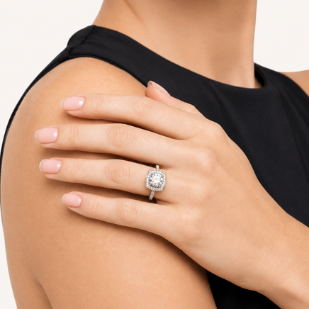 Vintage Crown moissanite halo ring worn on hand with elegant Art Deco detailing | Olaty