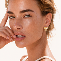 Bloom freshwater pearl floral stud earring styled on model close-up | Olaty