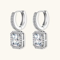 Moissanite emerald cut drop earrings front view with sparkling halo and double row huggie design | Olaty