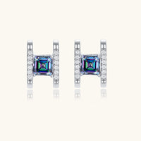 Front view of Mystic Moissanite Diamond Prism Square Stud Earrings with pavé accents in sterling silver | Olaty