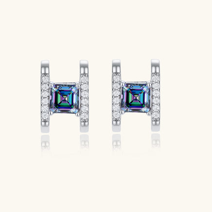 Front view of Mystic Moissanite Diamond Prism Square Stud Earrings with pavé accents in sterling silver | Olaty
