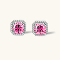 Front view of pink moissanite halo stud earrings with brilliant round center stones | Olaty