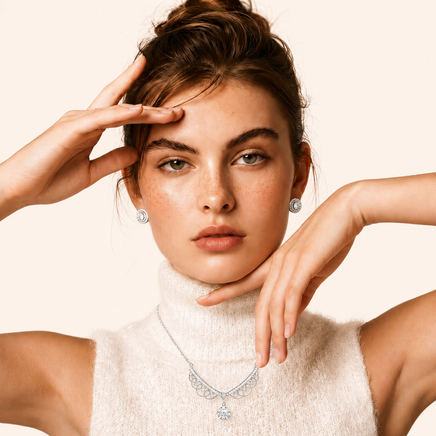 Model wearing GRA Certified Moissanite Diamond Angel Wing Necklace in sterling silver | Olaty