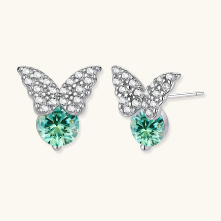 Front and side view of Green Moissanite Diamond Butterfly Stud Earrings in polished 925 sterling silver | Olaty