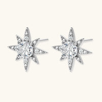 GRA certified moissanite diamond celestial starburst stud earrings in polished 925 sterling silver, front view