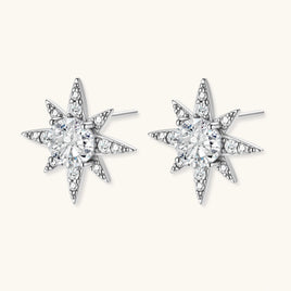 GRA certified moissanite diamond celestial starburst stud earrings in polished 925 sterling silver, front view