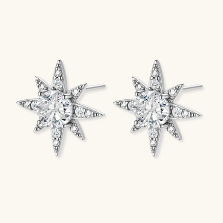 GRA certified moissanite diamond celestial starburst stud earrings in polished 925 sterling silver, front view