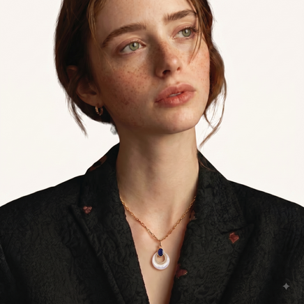 Model wearing lapis lazuli and mother of pearl teardrop pendant necklace with gold-tone chain | Olaty
