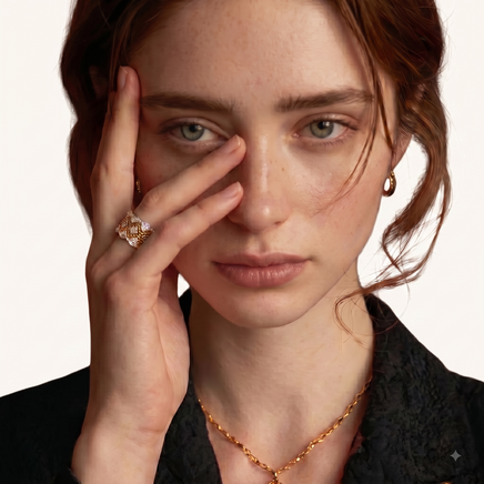 Model wearing honeycomb crystal statement ring with two-tone openwork lattice design | Olaty