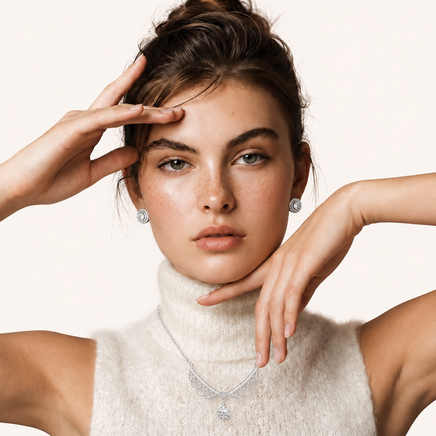 Round moissanite double halo stud earrings styled on model with white knit top | Olaty